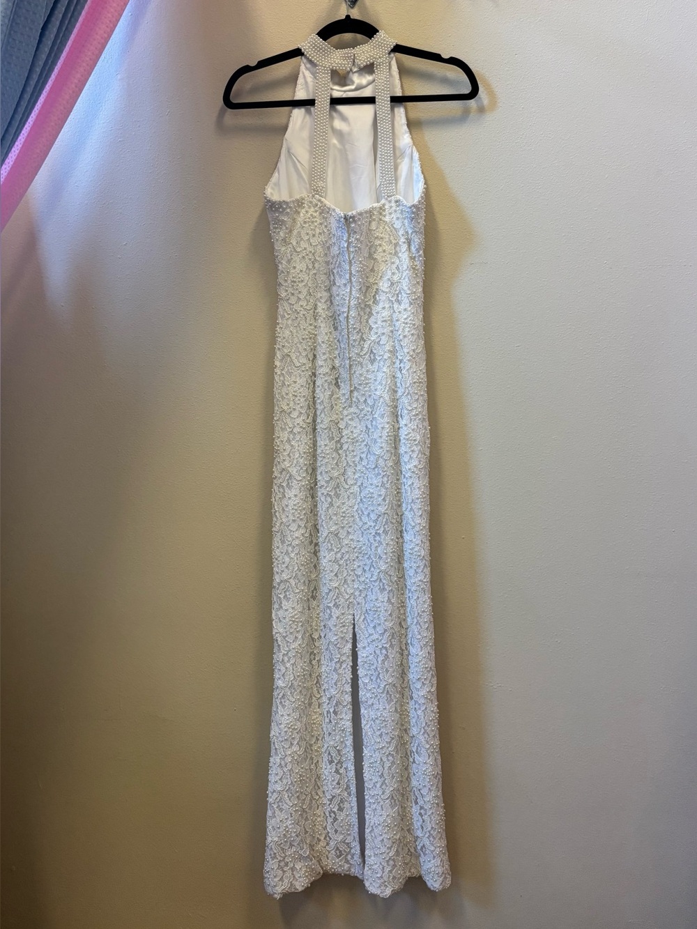 High-Neck White Lace Pearl Beaded Bridal Maxi Dress - Picture 5 of 6